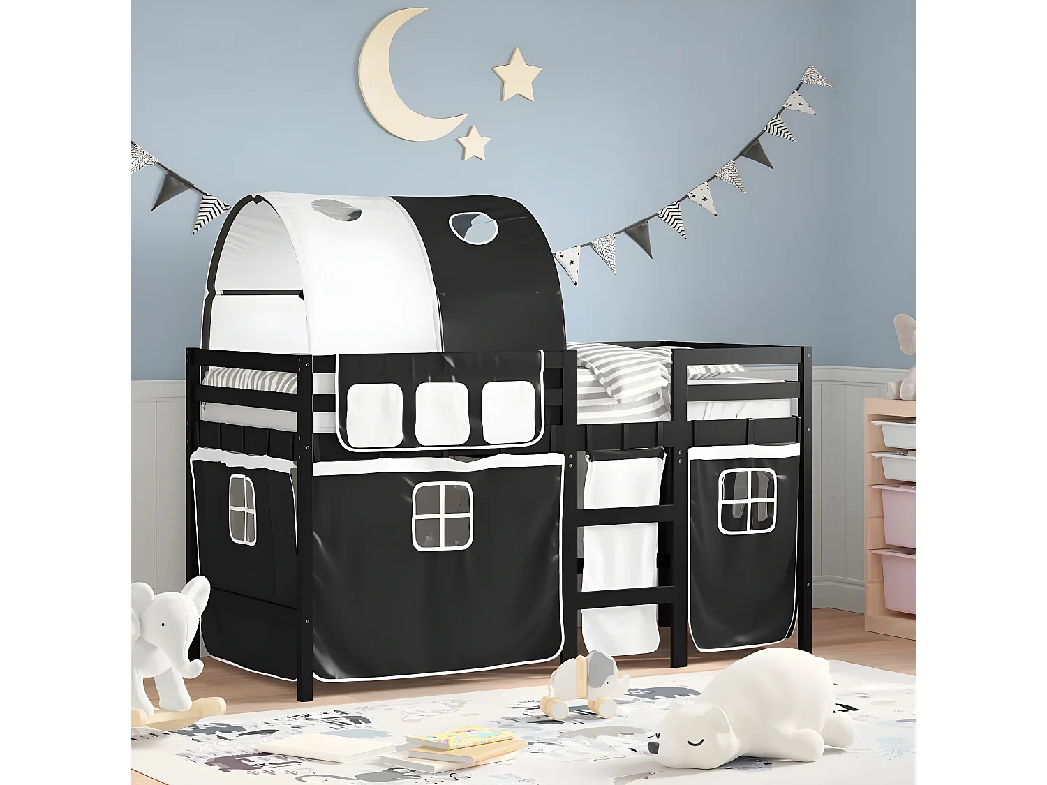 Lit mezzanine enfants et tunnel blanc/noir 90x200 cm pin massif
