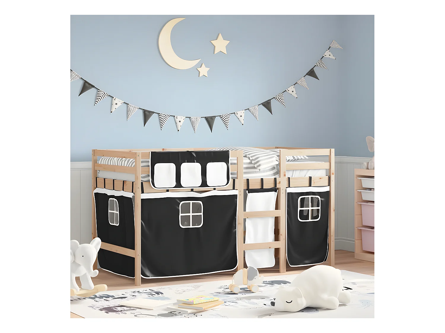 Cama alta criança c/ cortina 80x200cm pinho maciço branco/preto