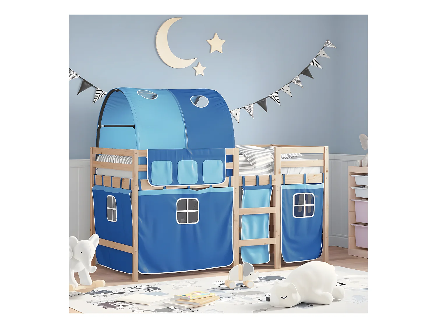 Lit mezzanine enfants et tunnel bleu 90x200cm bois pin massif