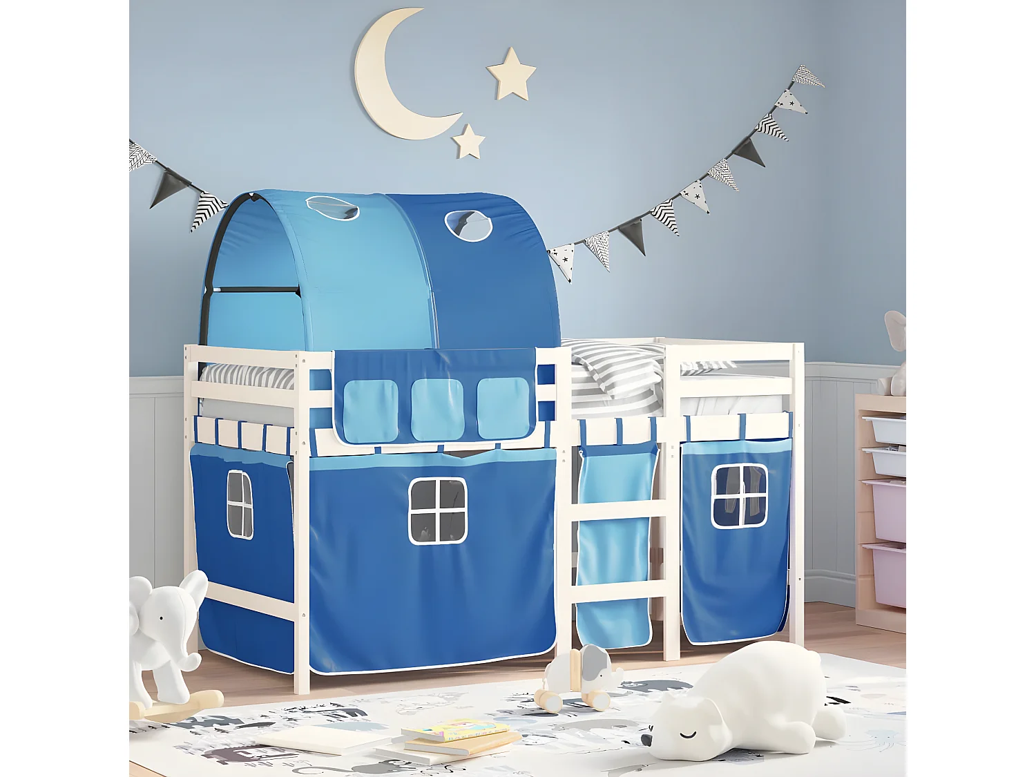 Lit mezzanine enfants et tunnel bleu 90x190 cm bois pin massif