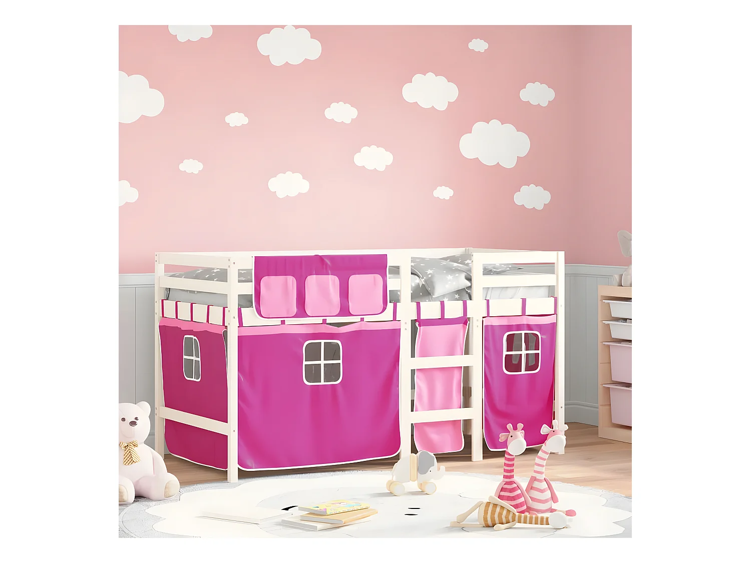 Cama alta p/ criança c/ cortinas 90x190 cm pinho maciço rosa