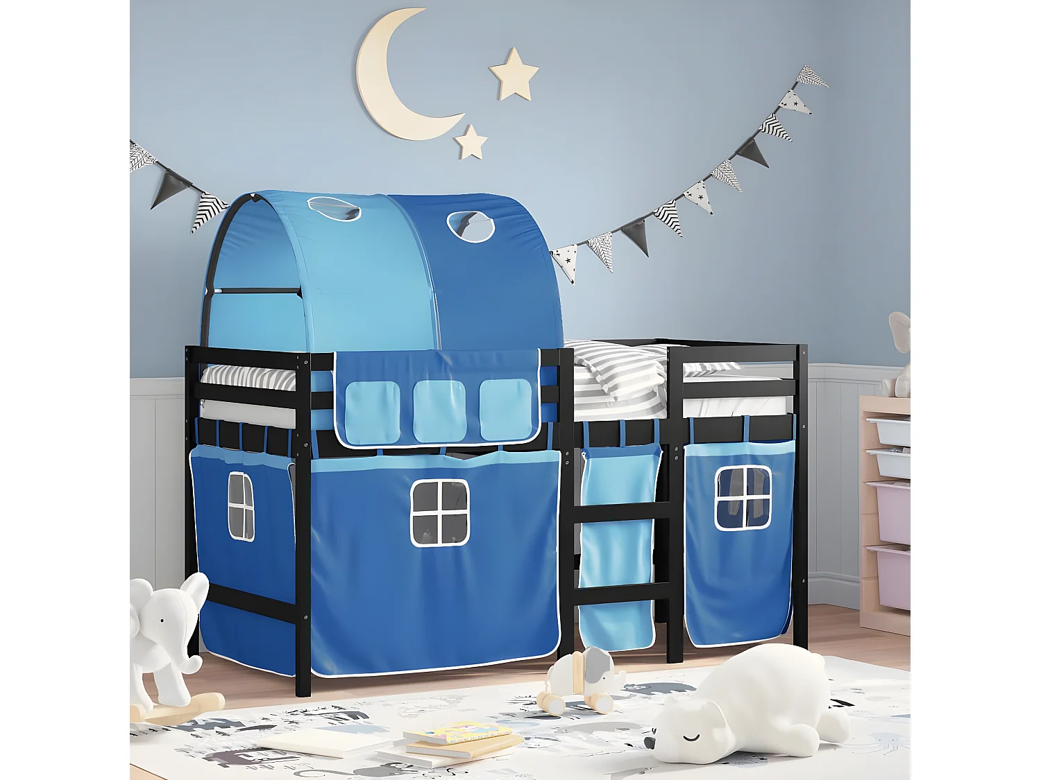 Lit mezzanine enfants et tunnel bleu 90x200cm bois pin massif