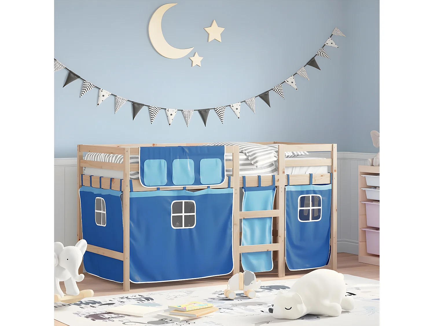 Cama alta para niños con cortinas madera pino azul 90x190 cm