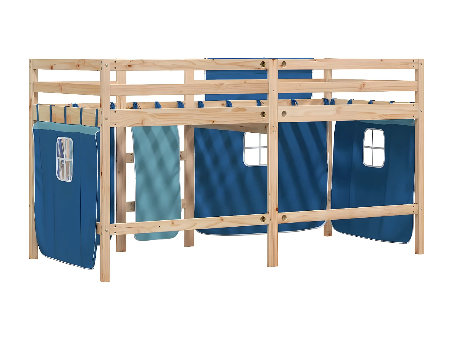 Cama alta para niños con cortinas madera pino azul 90x190 cm