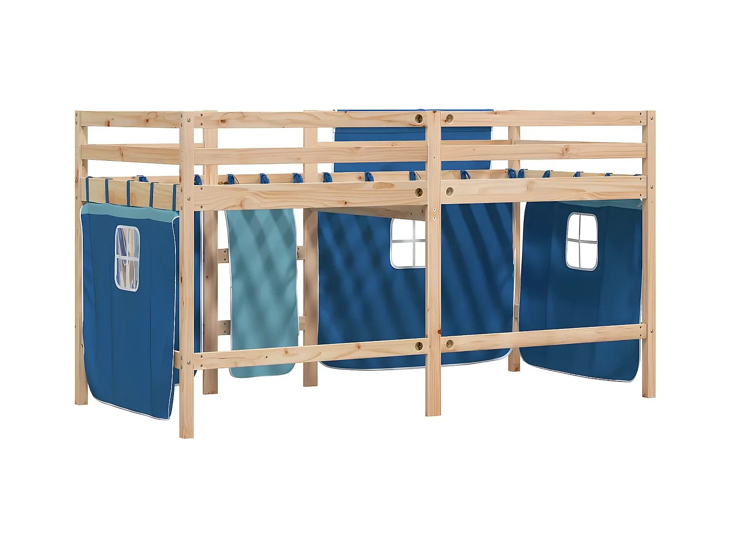 Cama alta para niños con cortinas madera pino azul 80x200 cm