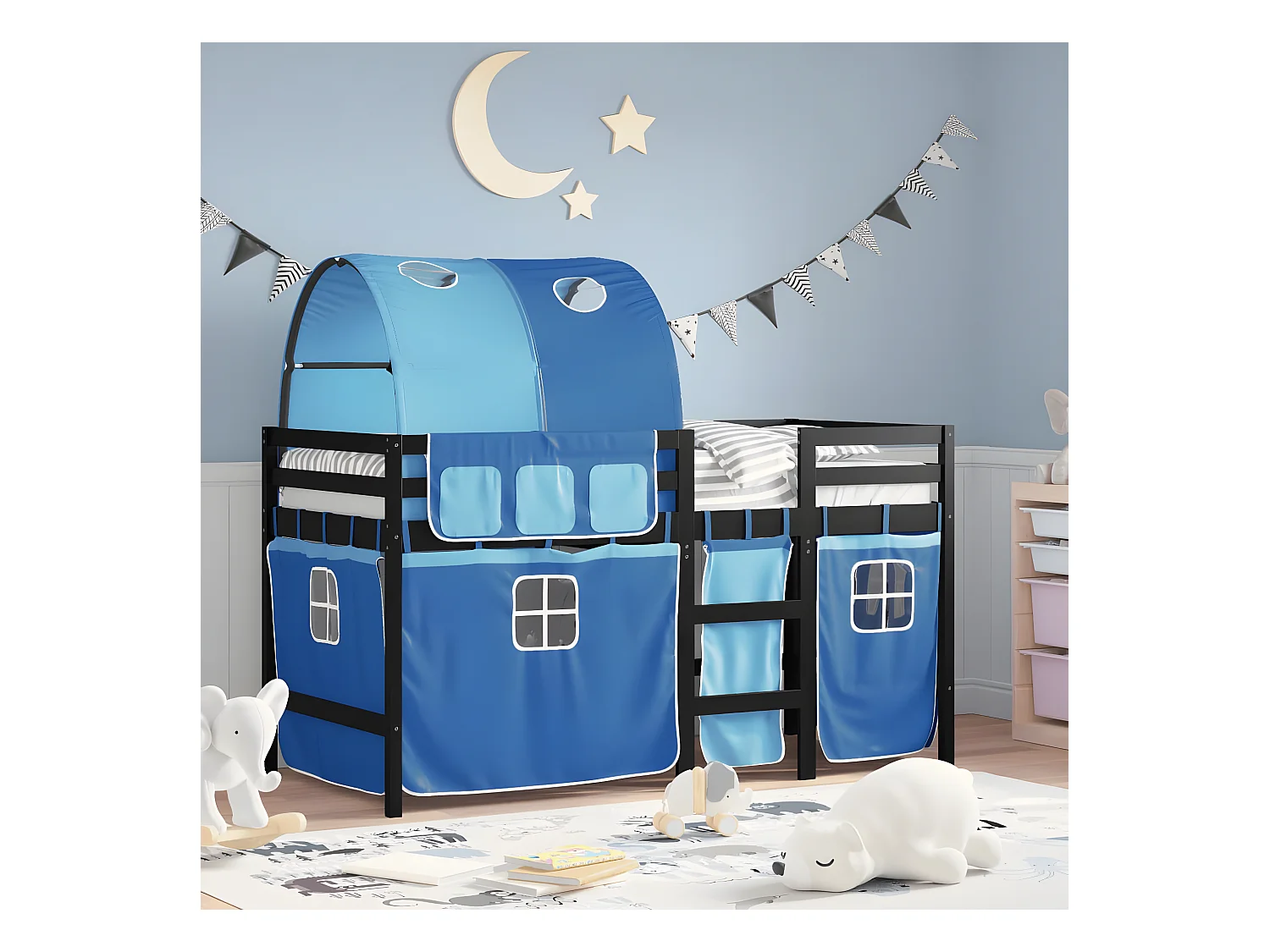 Lit mezzanine enfants et tunnel bleu 90x190 cm bois pin massif
