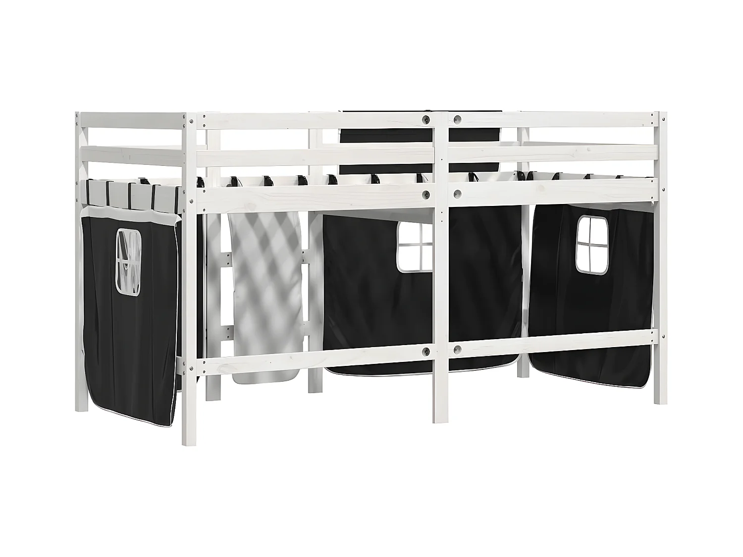 Cama alta criança c/ cortina 90x190cm pinho maciço branco/preto