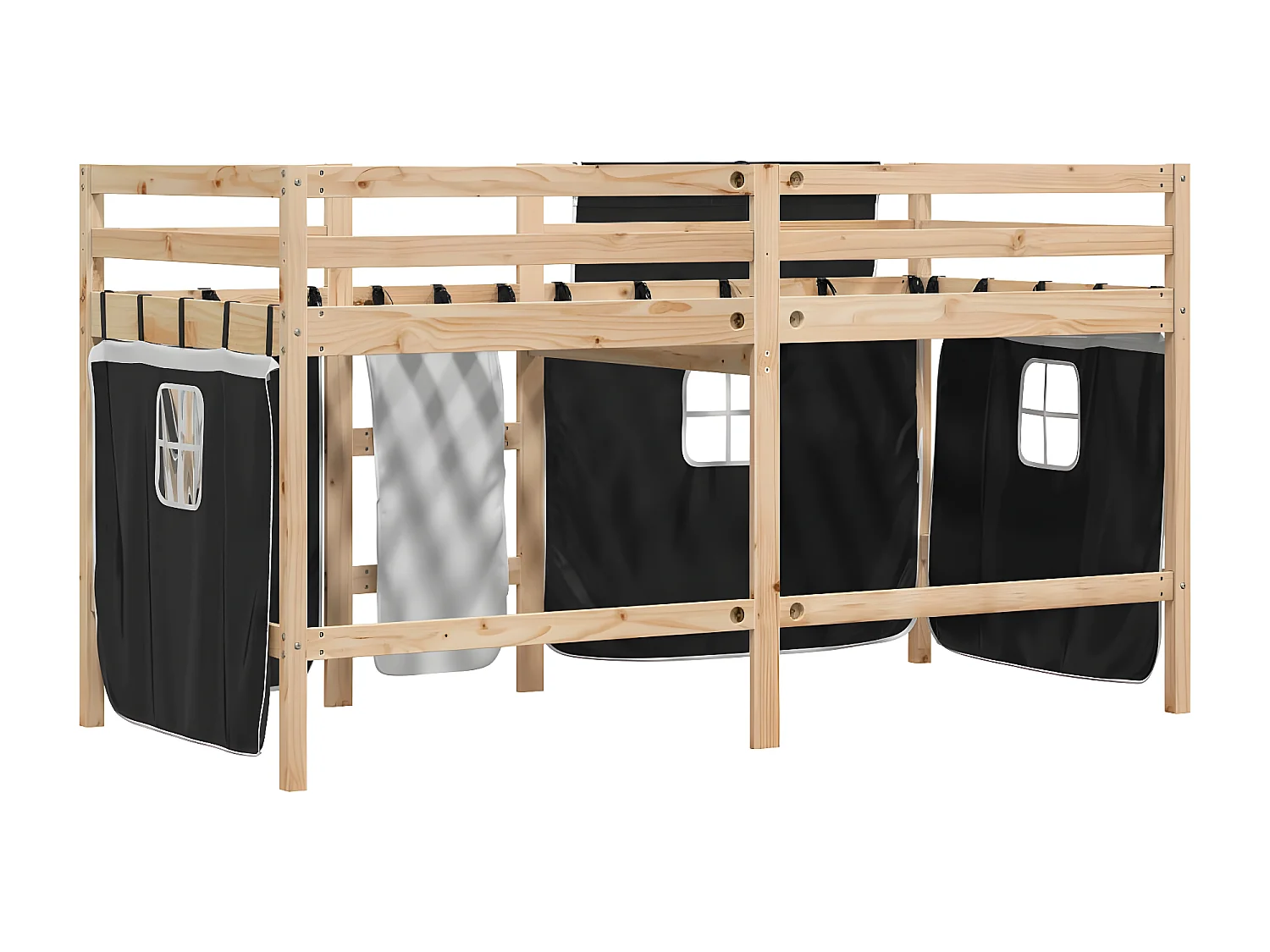 Lit mezzanine enfants et rideaux blanc/noir 90x190cm pin massif