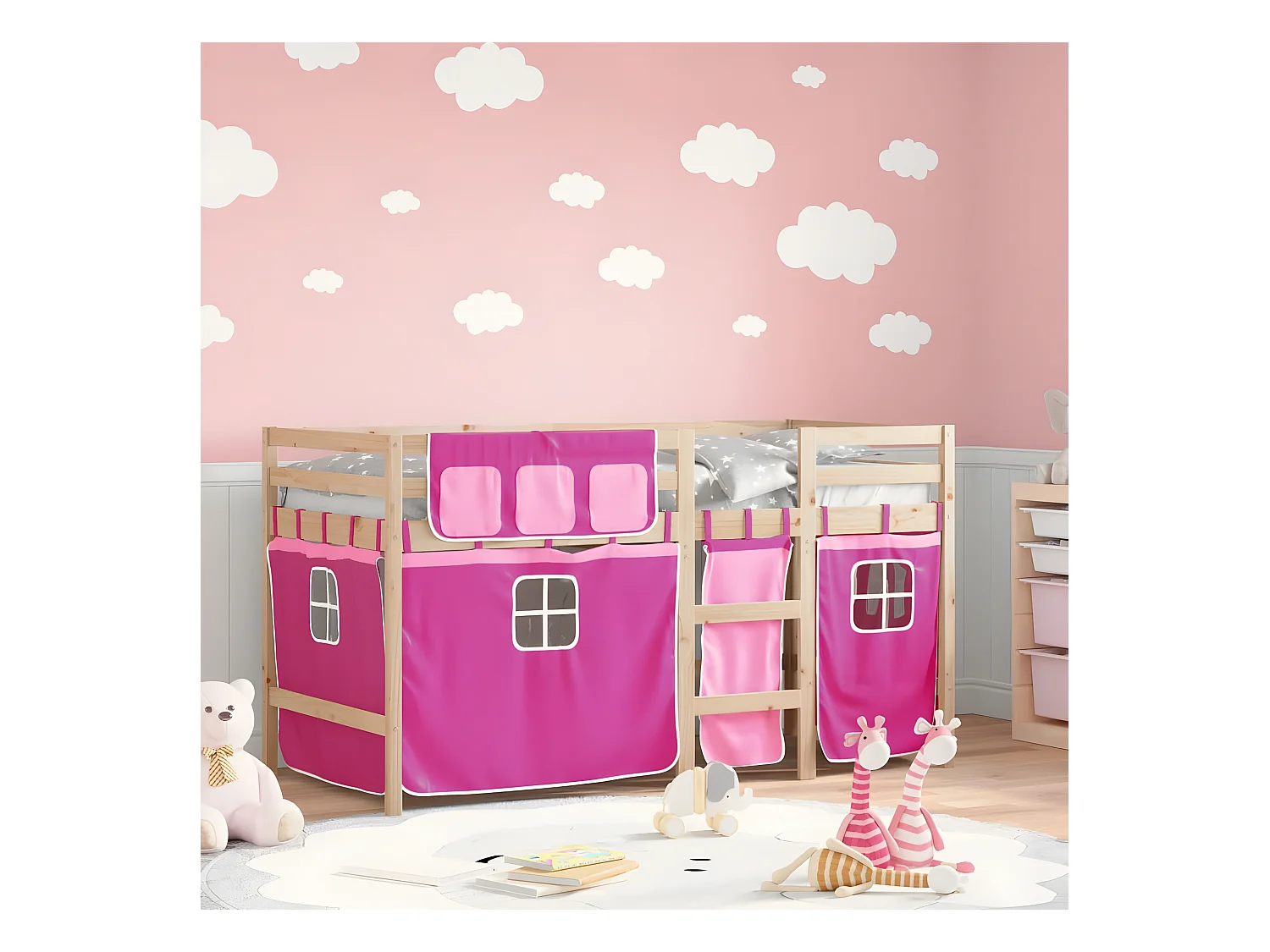 Cama alta p/ criança c/ cortinas 90x200 cm pinho maciço rosa