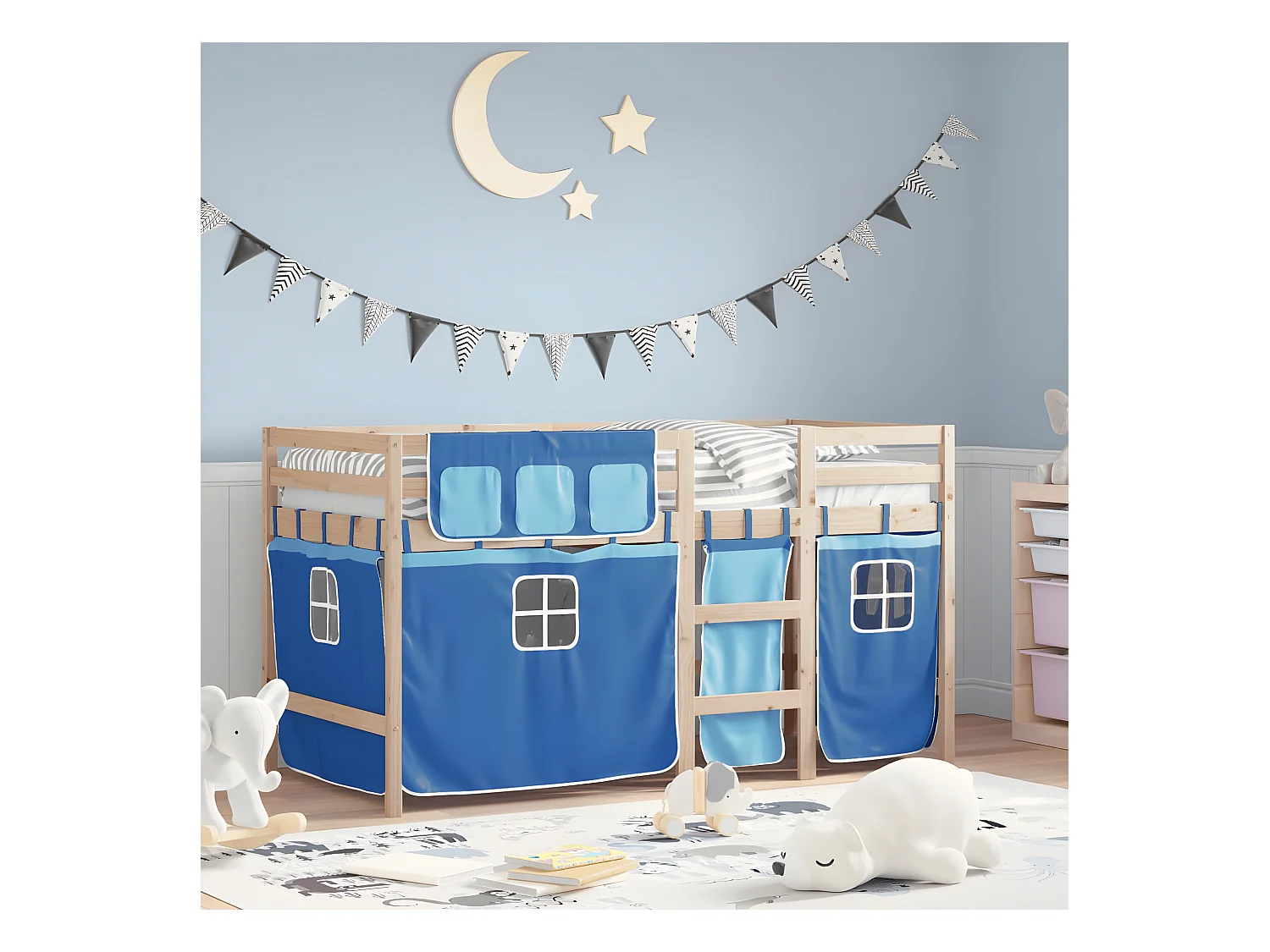 Cama alta p/ criança c/ cortinas 90x200 cm pinho maciço azul