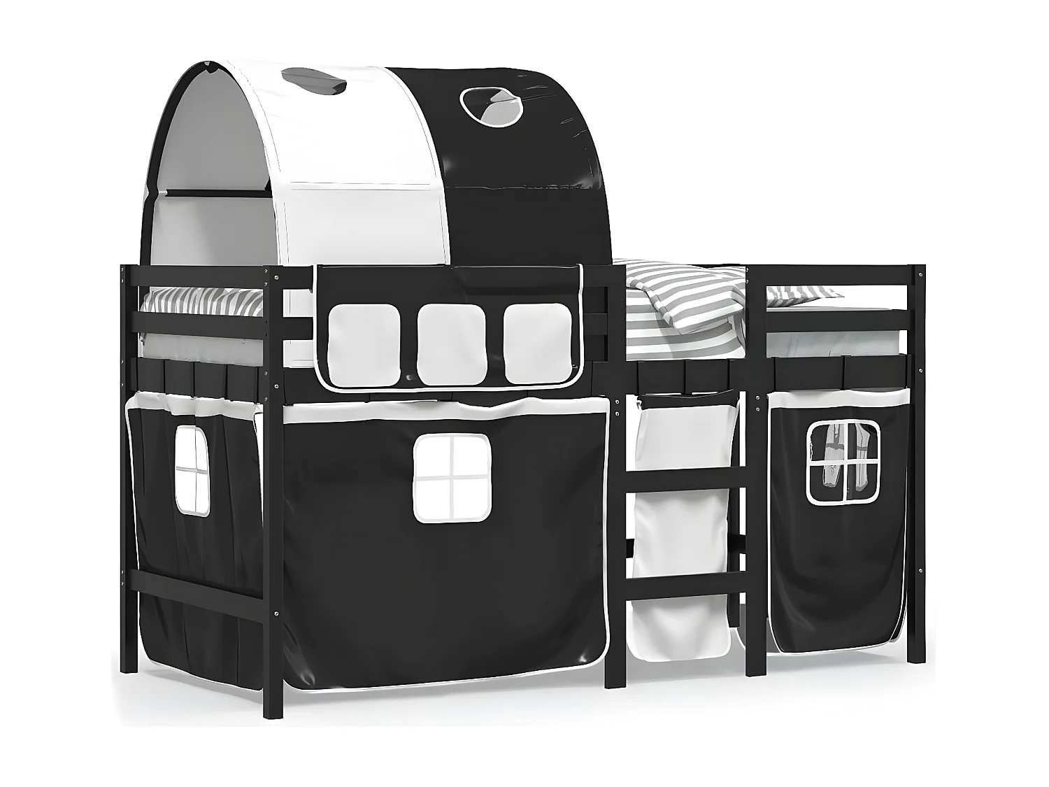 Cama alta criança c/ túnel 80x200 cm pinho maciço branco/preto