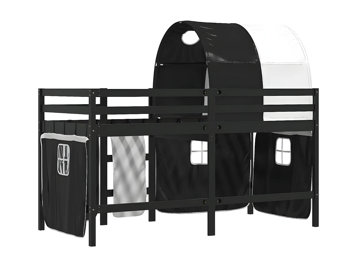 Cama alta criança c/ túnel 80x200 cm pinho maciço branco/preto