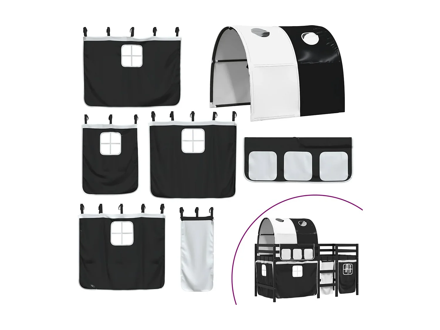 Cama alta criança c/ túnel 80x200 cm pinho maciço branco/preto