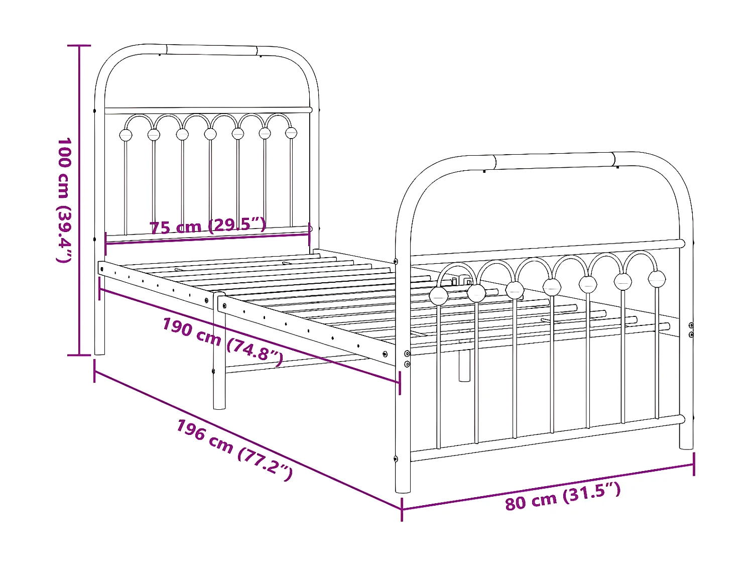 Estructura cama metal con cabecero y pie cama blanca 75x190 cm