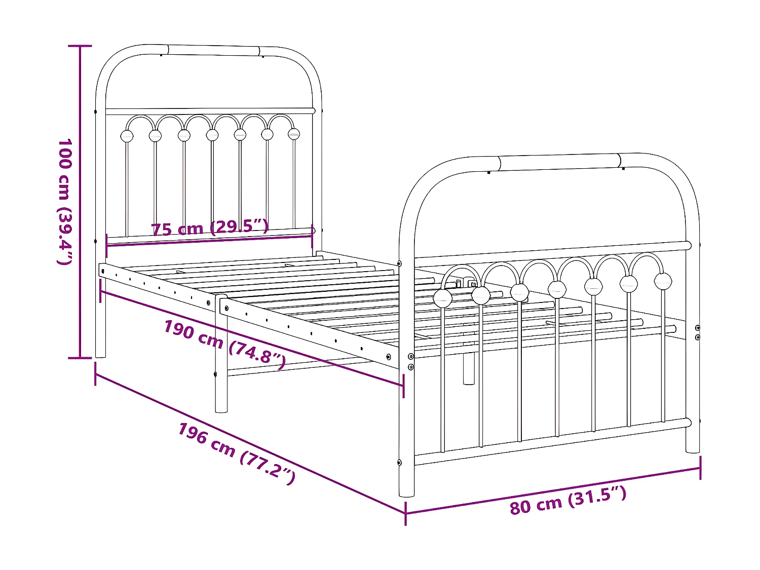 Estructura cama metal con cabecero y pie cama blanca 75x190 cm