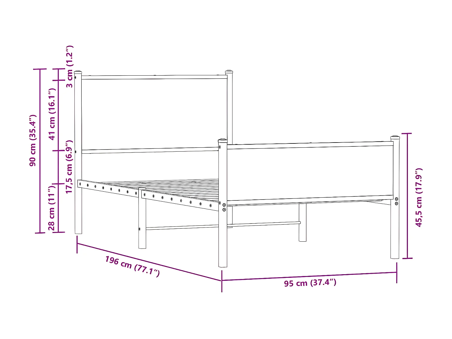 Cama con cabecero y pie de cama metal marrón roble 90x190 cm