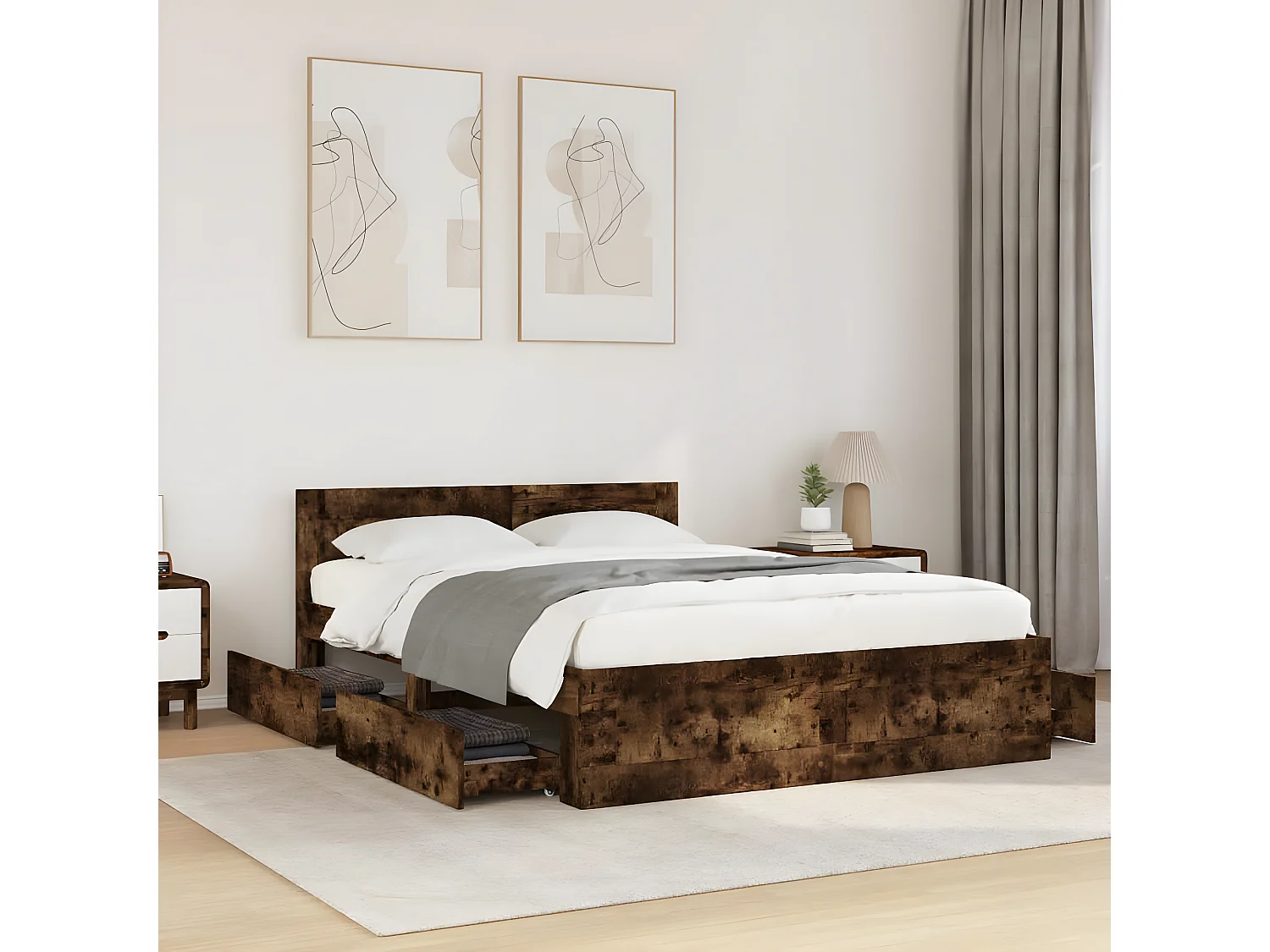 Cama con cabecero madera de ingeniería roble ahumado 140x190 cm