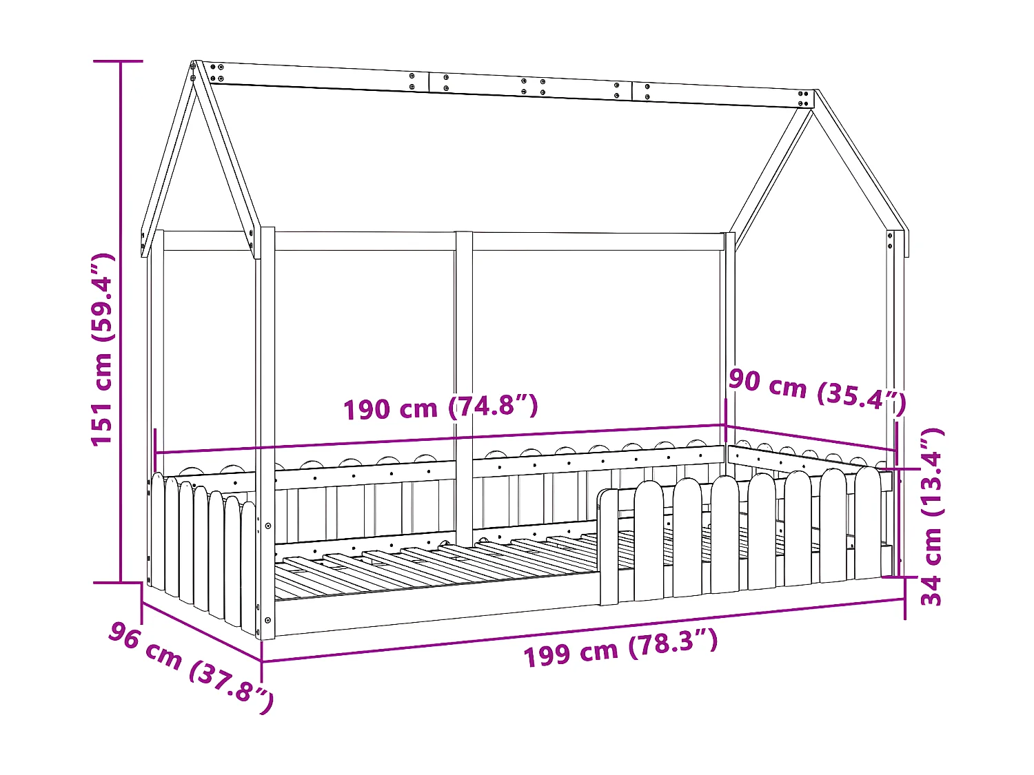 Cadre de lit d'enfants forme de maison 90x190cm bois massif pin