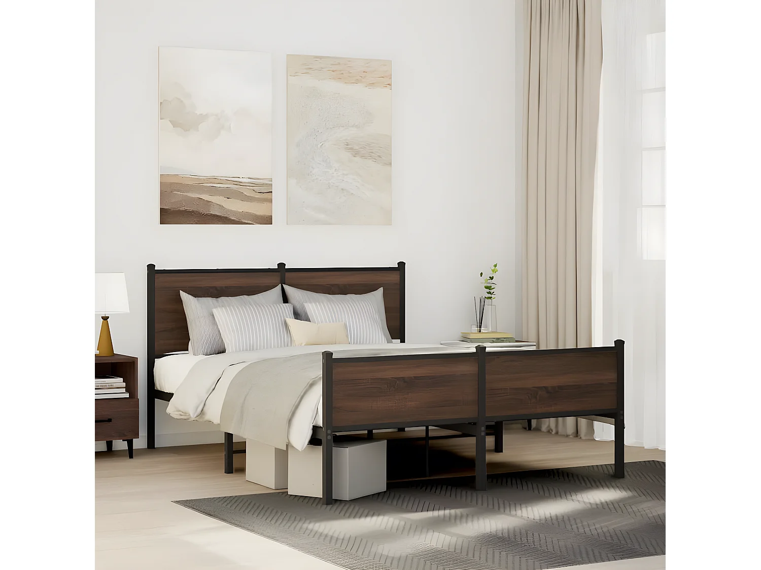 Cama con cabecero y pie de cama metal marrón roble 140x190 cm