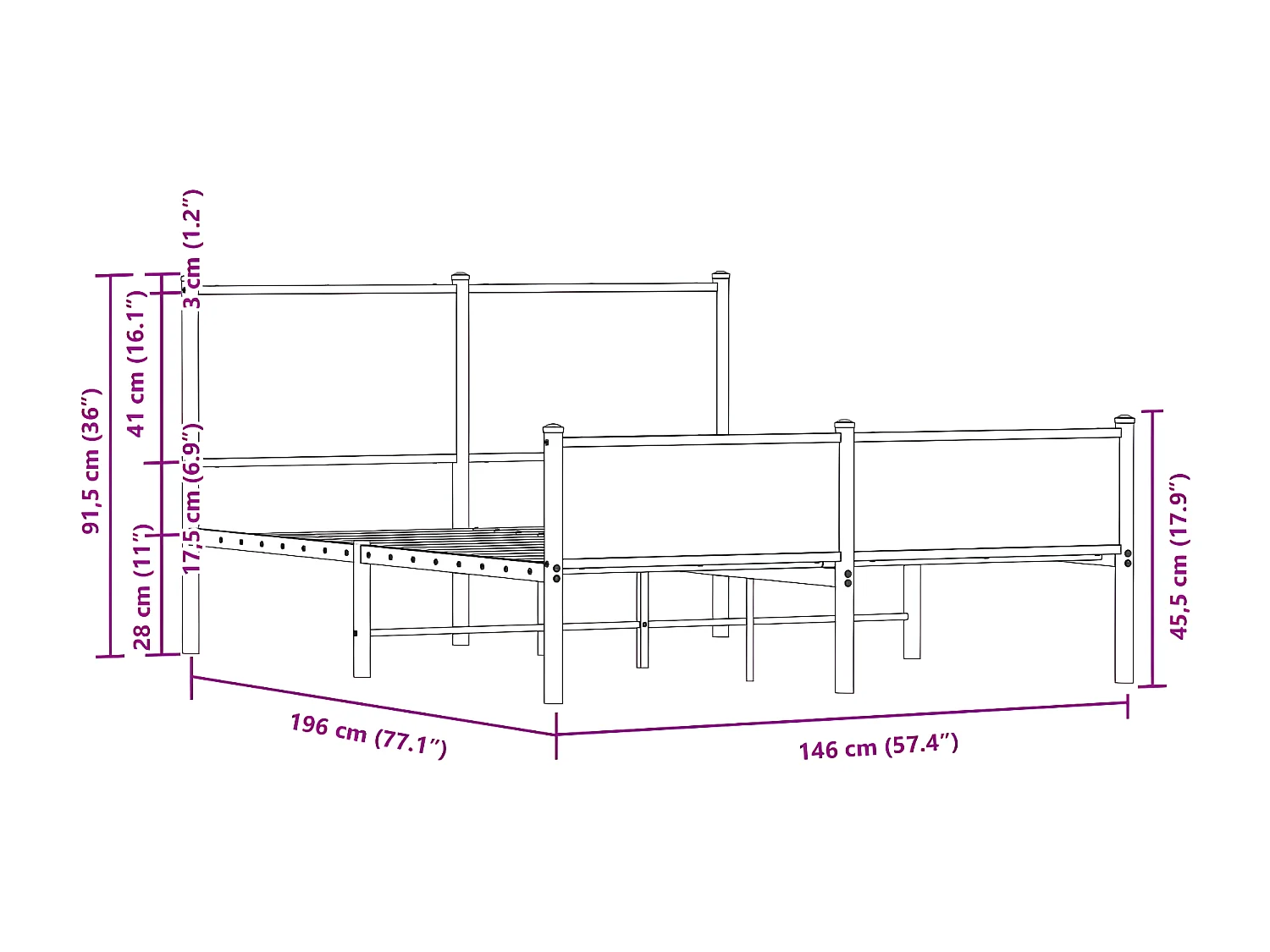 Cama con cabecero y pie de cama metal marrón roble 140x190 cm