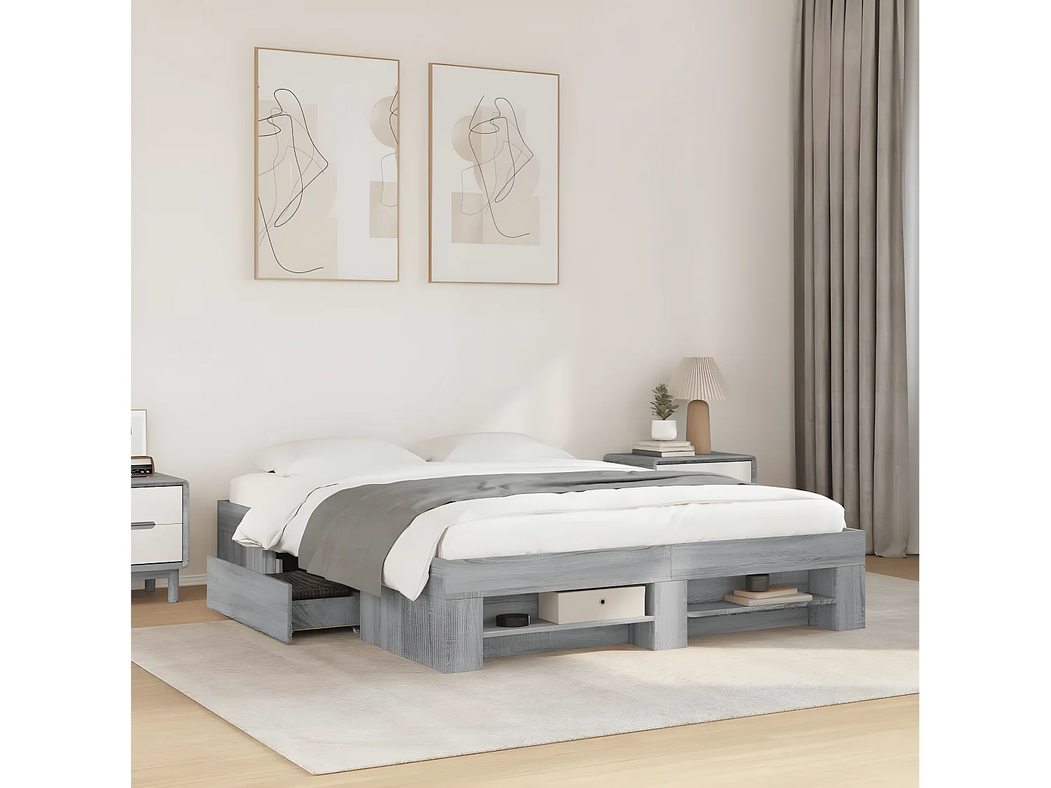Estrutura de cama 160x200 cm derivados de madeira cinza sonoma