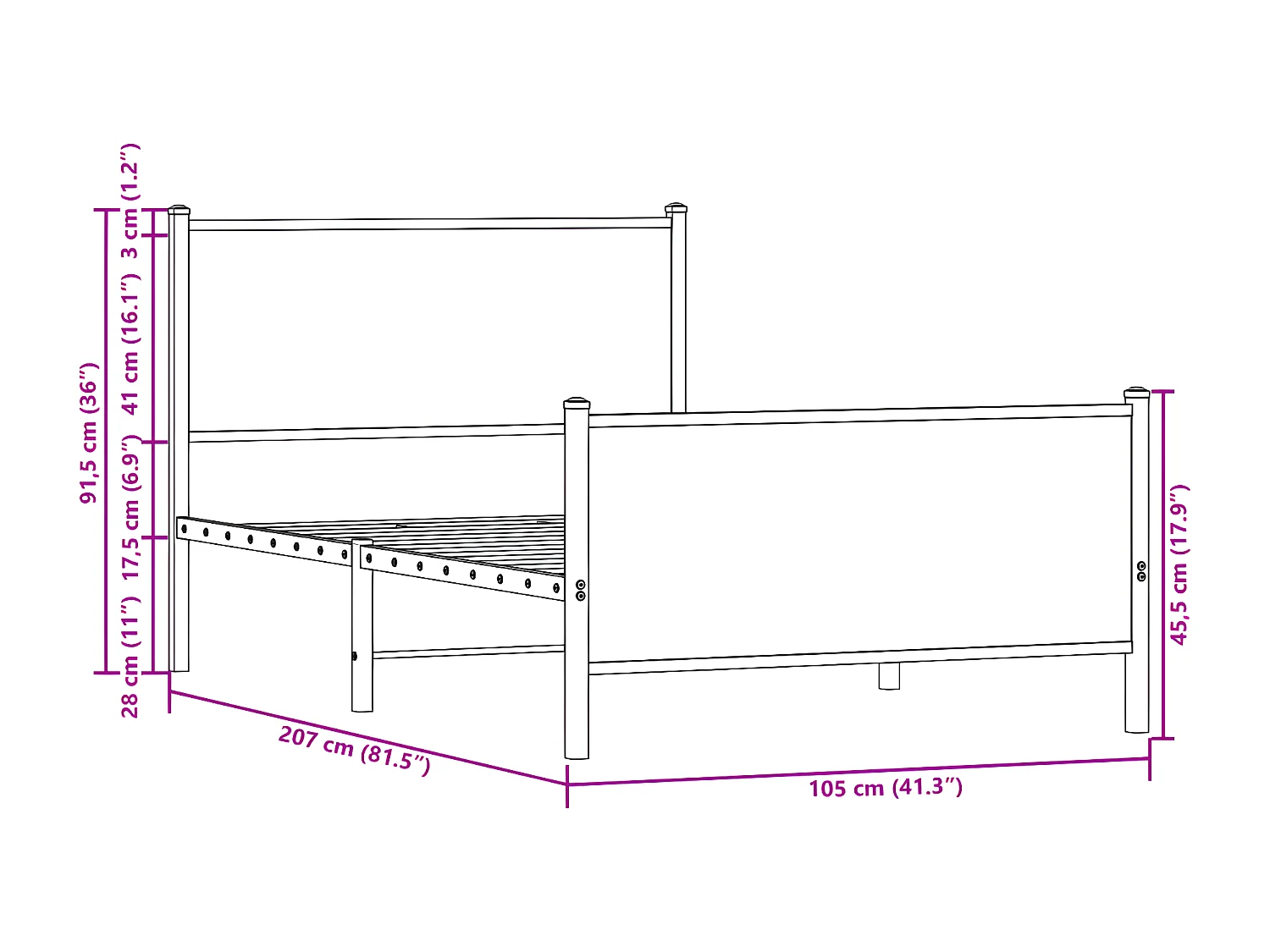 Cama con cabecero y pie de cama metal roble ahumado 100x200 cm