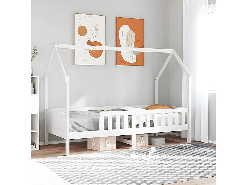 Cama con forma de casa de niños madera maciza blanca 90x190 cm