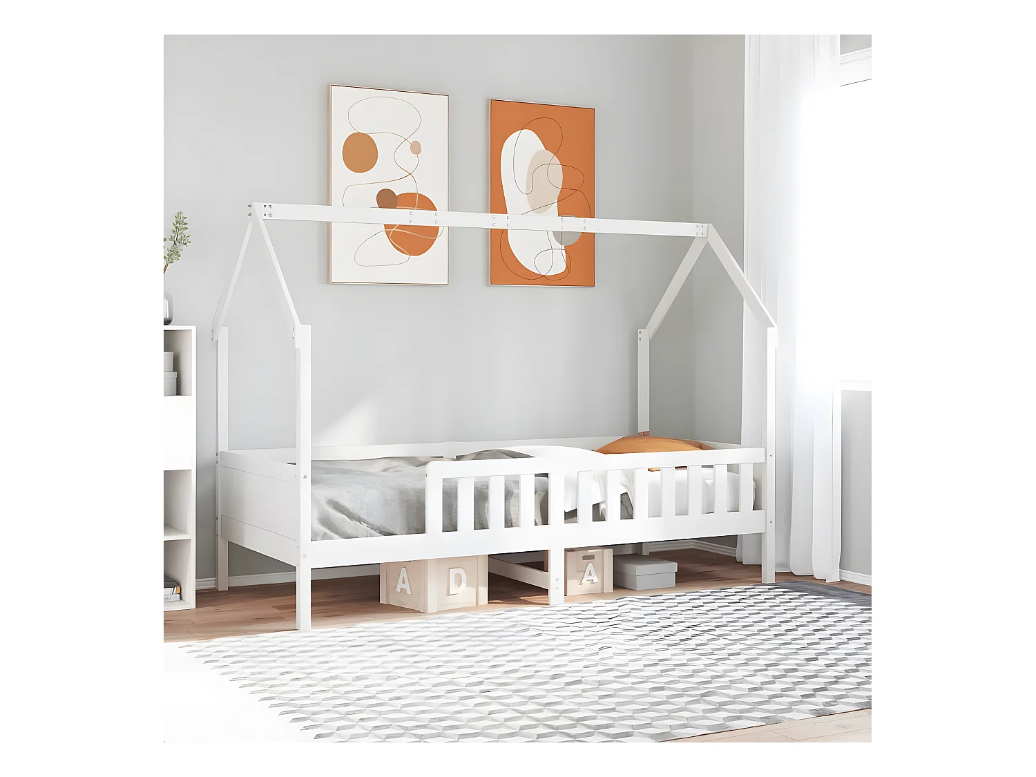 Cama con forma de casa de niños madera maciza blanca 90x190 cm