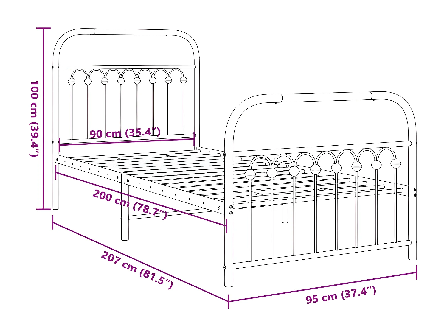 Estrutura de cama com cabeceira e pés 90x200 cm metal preto