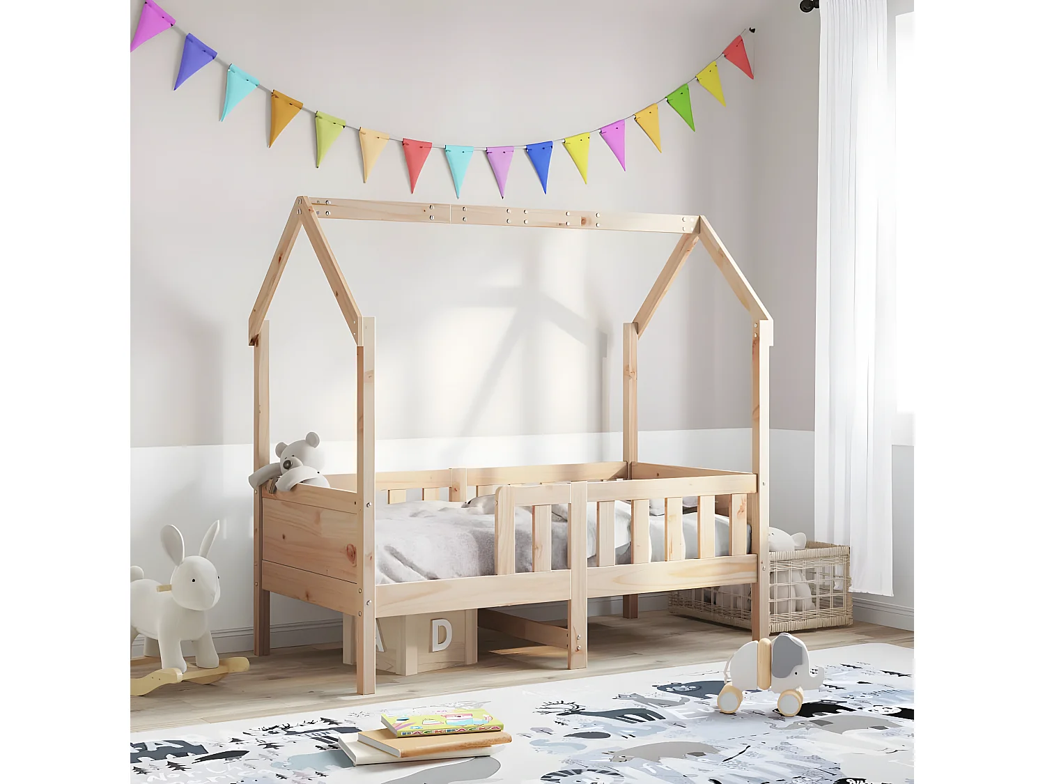 Cama infantil formato casa 70x140 cm madeira de pinho maciça