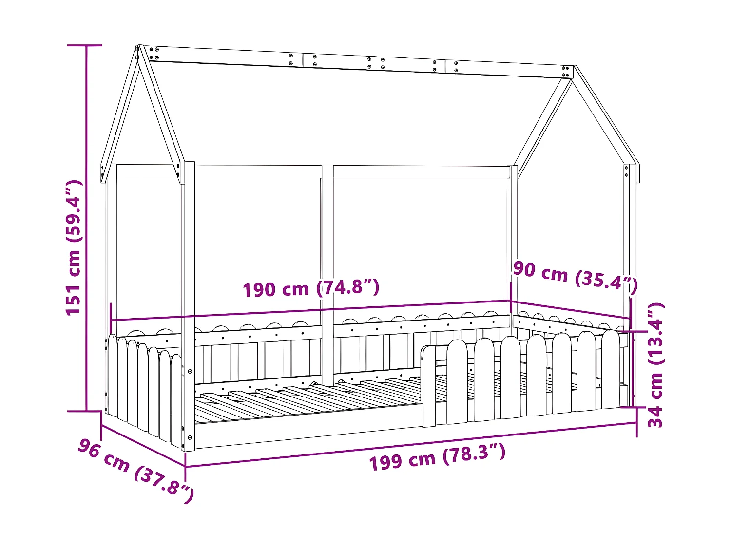 Cadre de lit d'enfants forme de maison 90x190cm bois massif pin