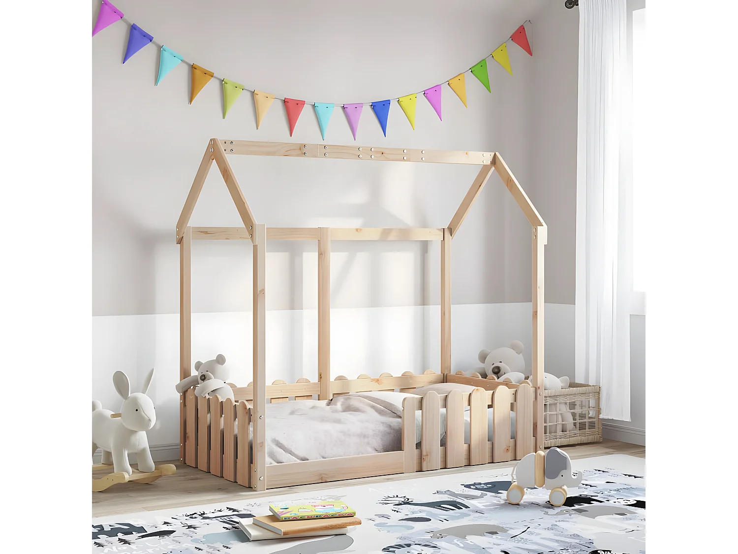 Cama con forma de casa de niños madera maciza marrón 70x140 cm