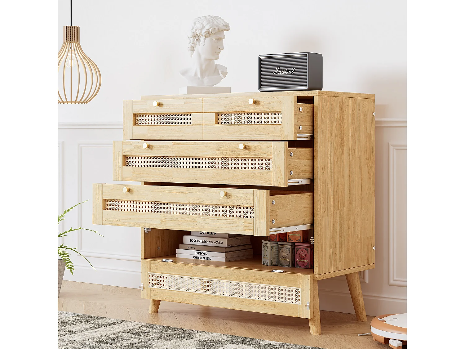 Cassettiera classica con 3 cassetti e anta in rattan - pannelli di particelle - colore naturale