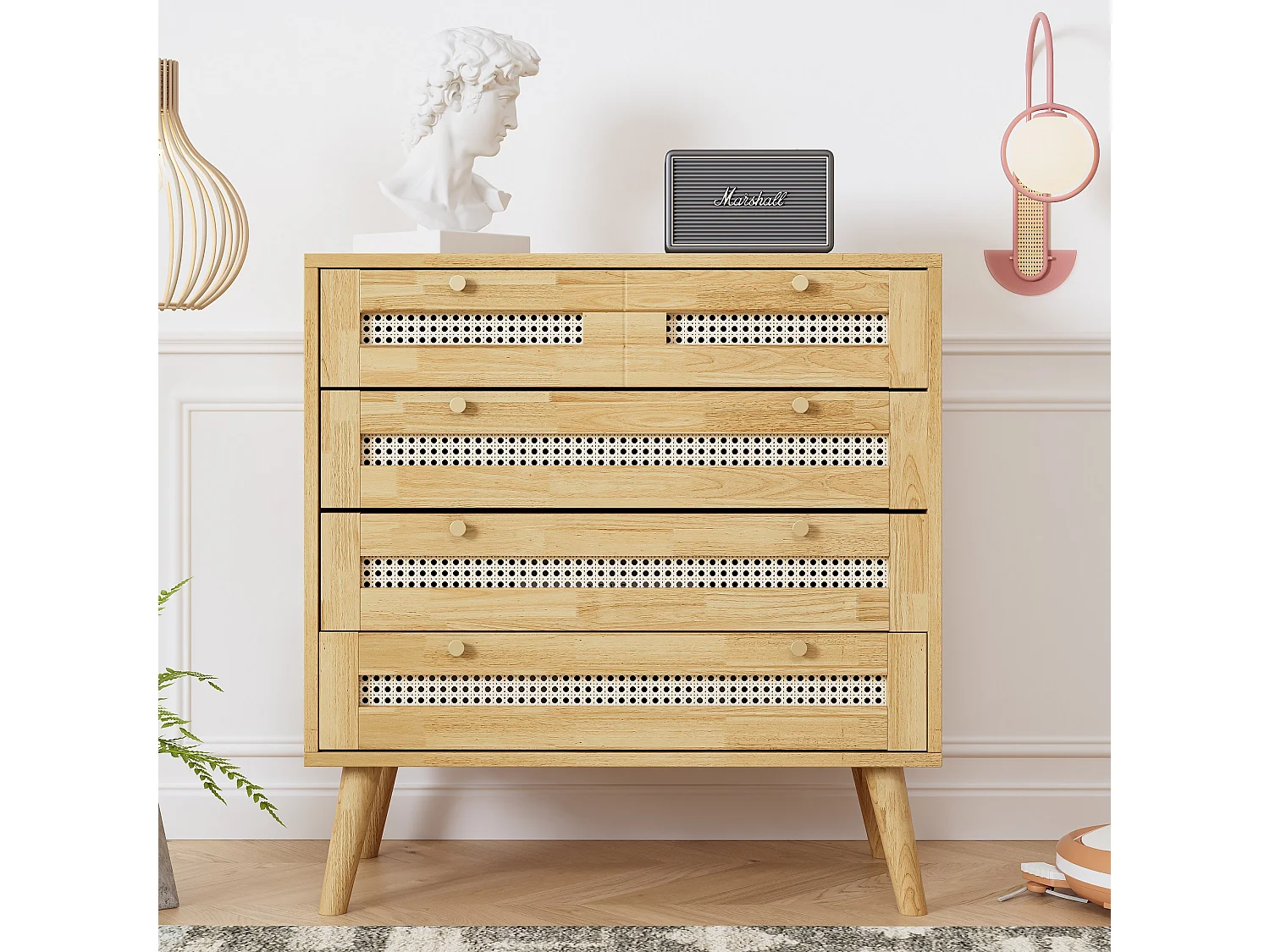 Commode classique 3 tiroirs et une porte en rotin - panneaux de particules - coloris naturel