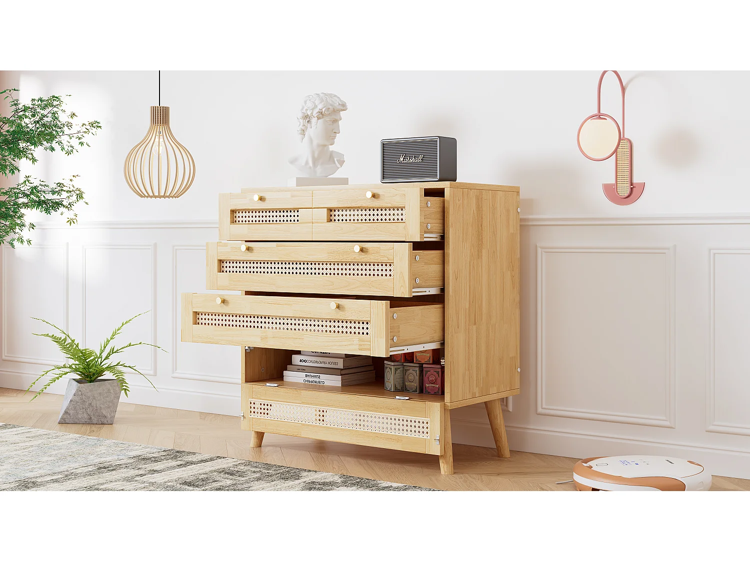 Commode classique 3 tiroirs et une porte en rotin - panneaux de particules - coloris naturel