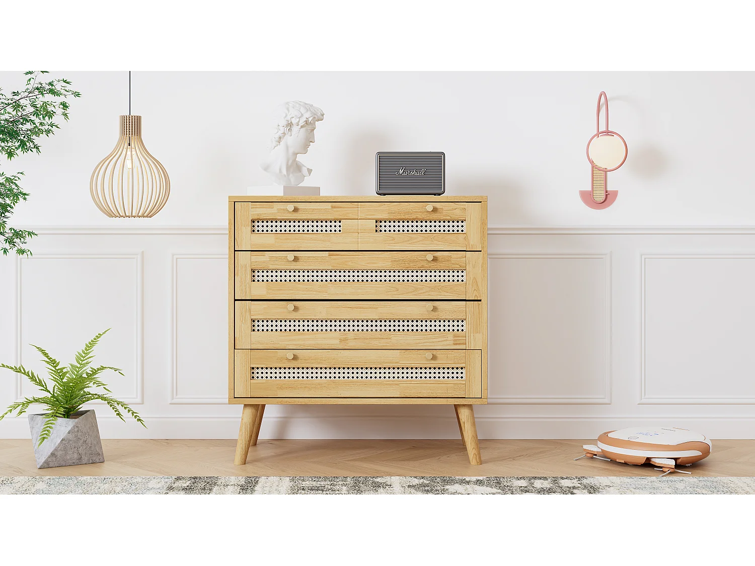 Commode classique 3 tiroirs et une porte en rotin - panneaux de particules - coloris naturel