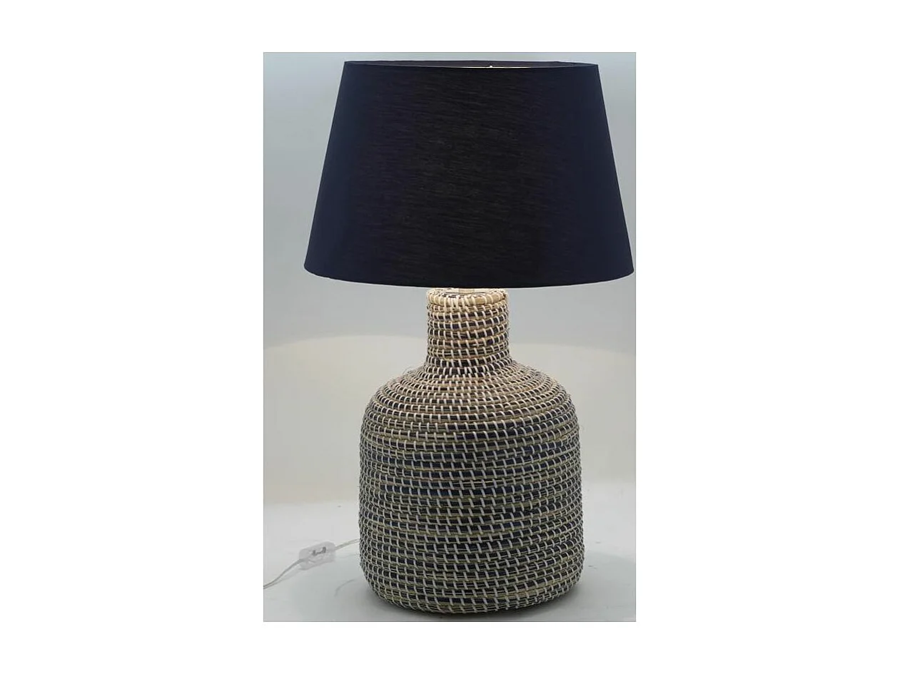 Pied de lampe en jonc naturel et bleu