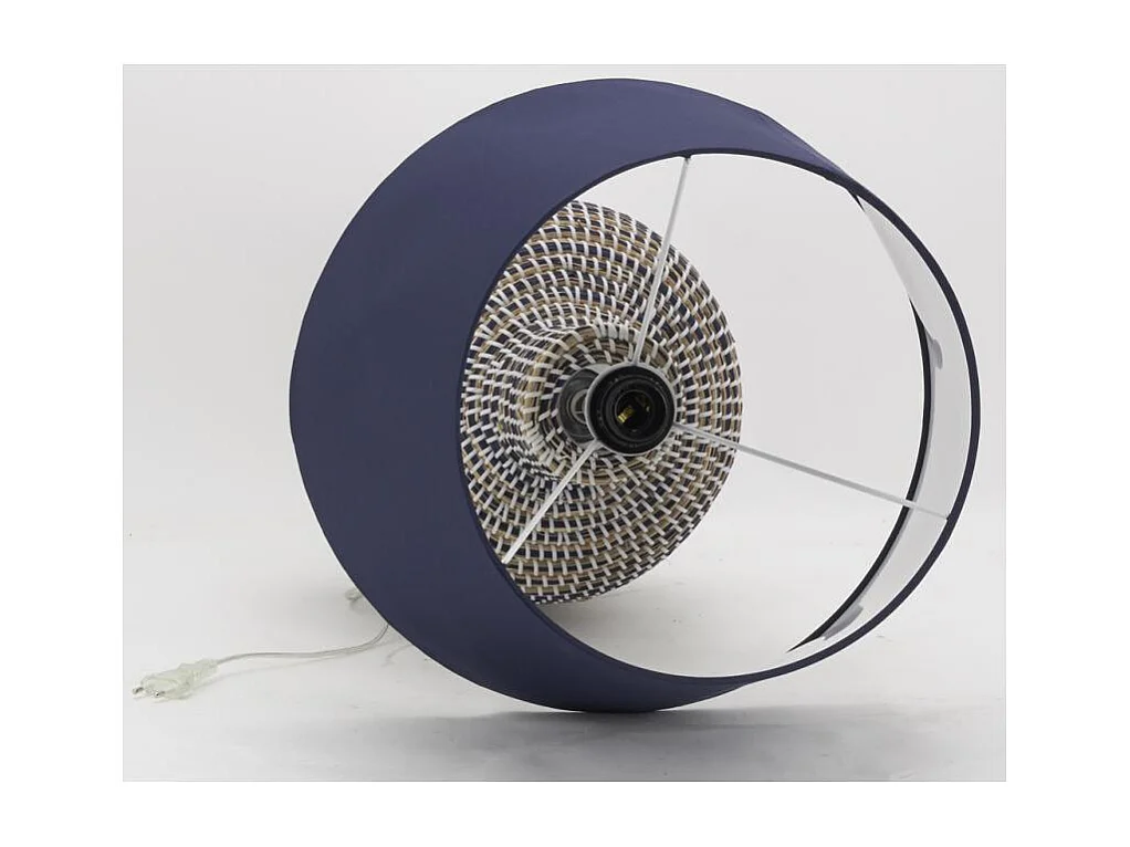 Pied de lampe en jonc naturel et bleu