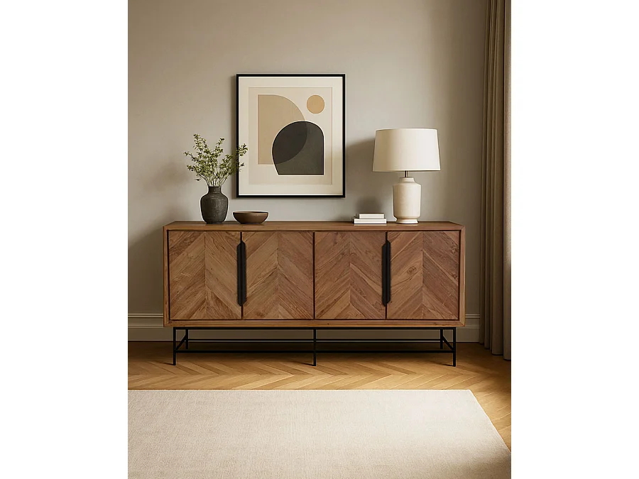 Kappa - Grand Buffet bas en teck recyclé avec motif chevron et métal 180 cm