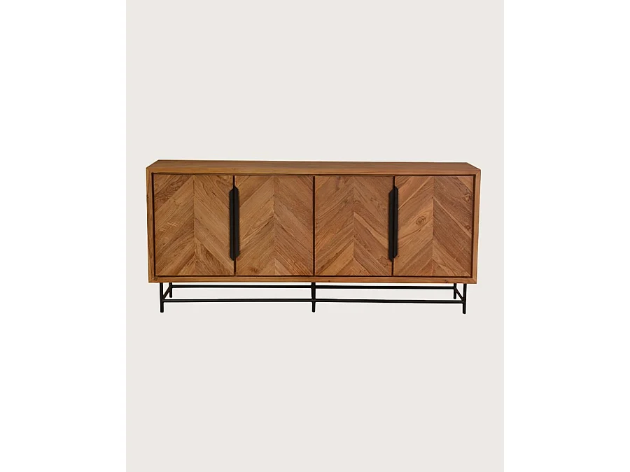 Kappa - Grand Buffet bas en teck recyclé avec motif chevron et métal 180 cm