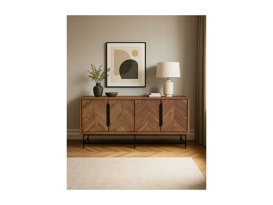 Kappa - Grand Buffet bas en teck recyclé avec motif chevron et métal 180 cm