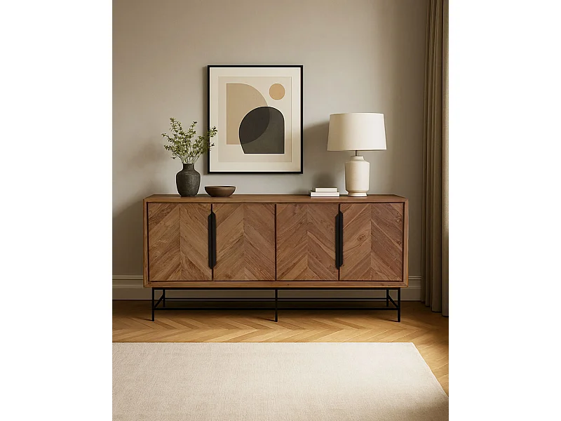 Kappa - Grand Buffet bas en teck recyclé avec motif chevron et métal 180 cm