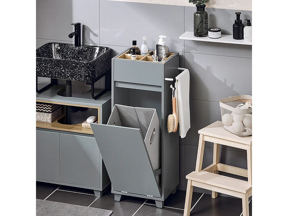 SoBuy BZR159-DG Armoire à Linge Meuble Bas de Salle de Bain Corbeille à Linge Meuble de Rangement