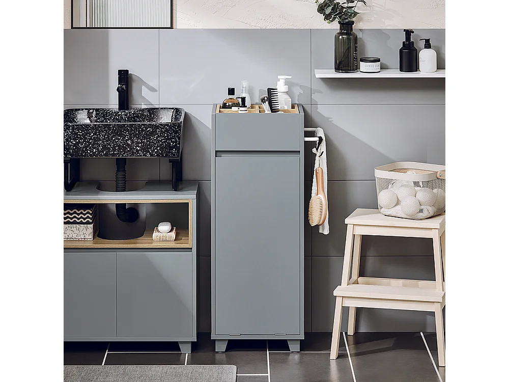 SoBuy BZR159-DG Armoire à Linge Meuble Bas de Salle de Bain Corbeille à Linge Meuble de Rangement