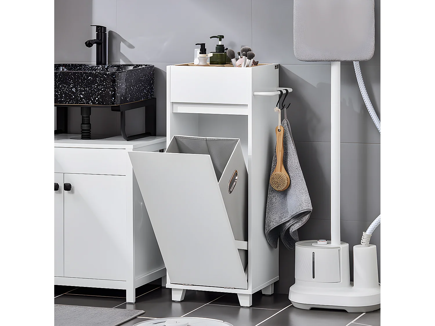 SoBuy Mobiletto portabiancheria Portabiancheria rimovibile Cesto della biancheria Mobiletto del bagno Bianco 35x30x90cm BZR159-W