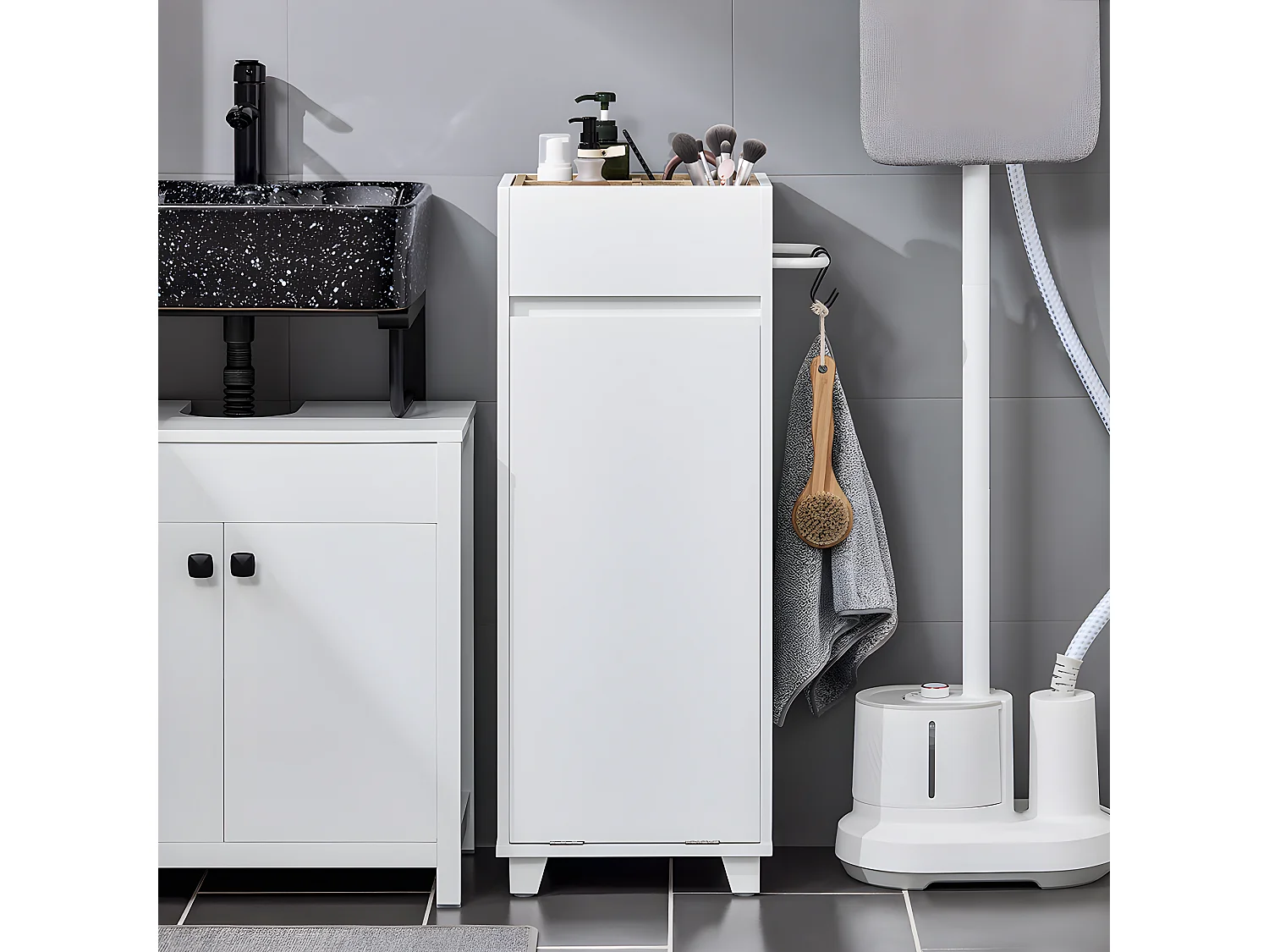 SoBuy Mobiletto portabiancheria Portabiancheria rimovibile Cesto della biancheria Mobiletto del bagno Bianco 35x30x90cm BZR159-W