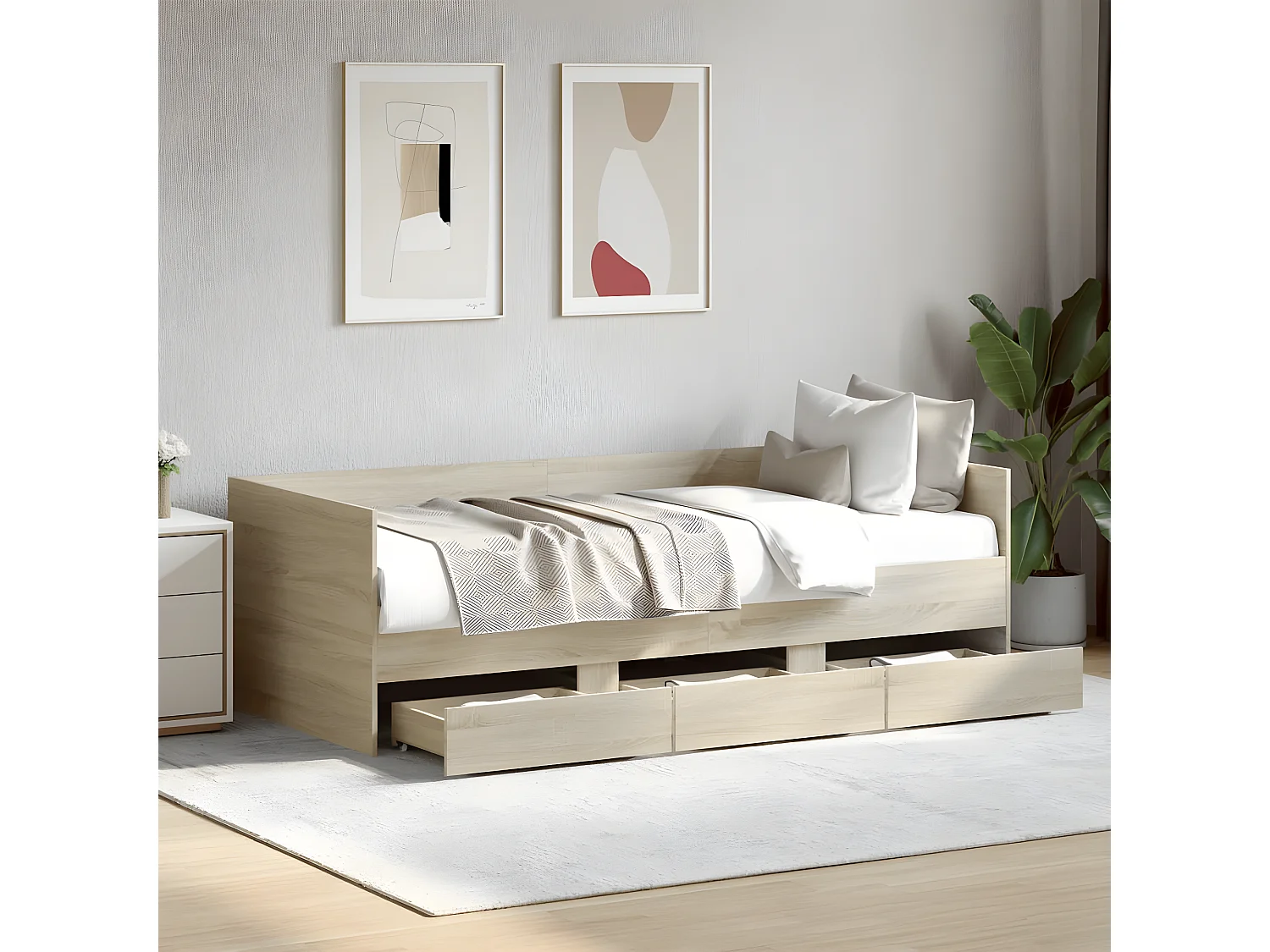 Sofá-cama com gavetas derivados de madeira carvalho sonoma