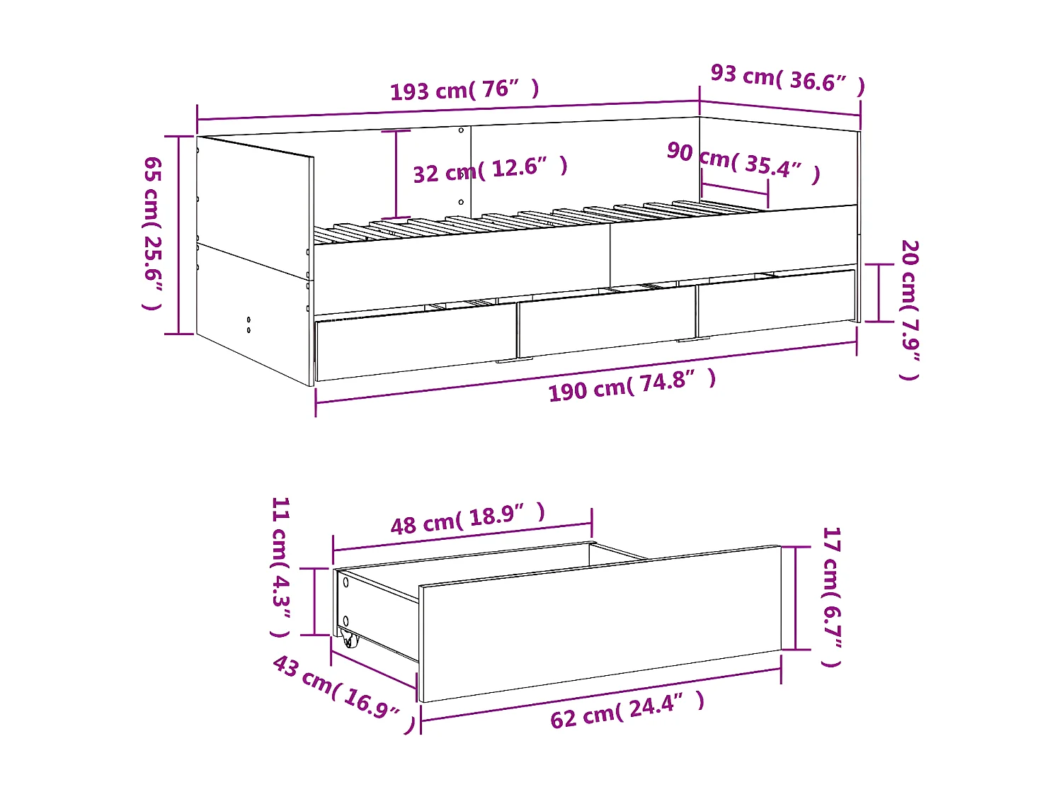 Sofá-cama com gavetas derivados de madeira carvalho sonoma