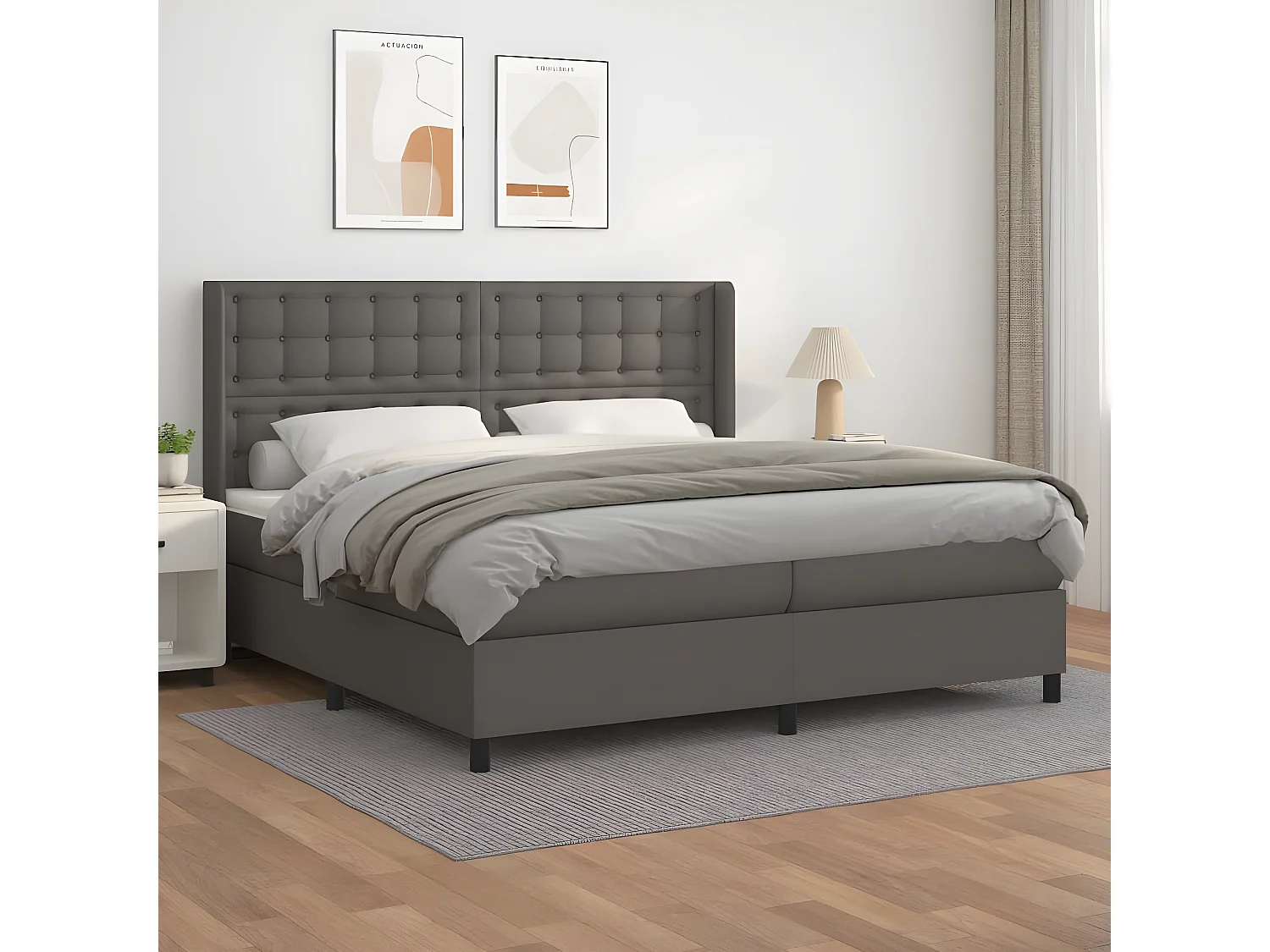 Cama box spring con colchón cuero sintético gris 200x200 cm