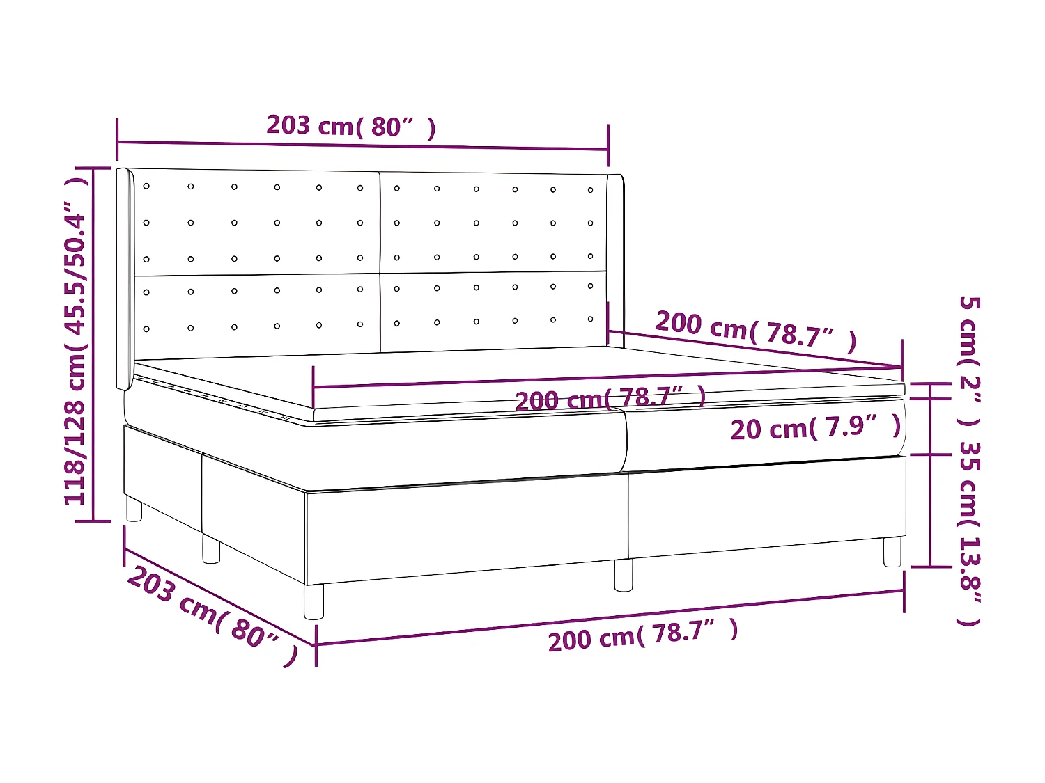Cama box spring con colchón cuero sintético gris 200x200 cm